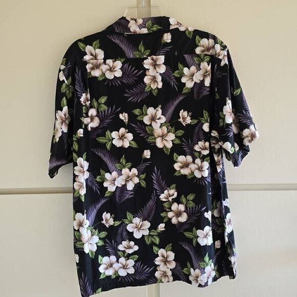 GO BAREFOOT Hibiscus and Monstera Leaf Vintage Black/White/Green Shirt, EUC, M - Picture 5 of 8
